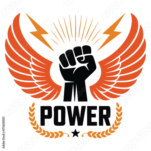 Vector illustration of raised strong clenched fist composed with lightning and wings abstract boxing club logo design suitable for tattoo or emblem artwork