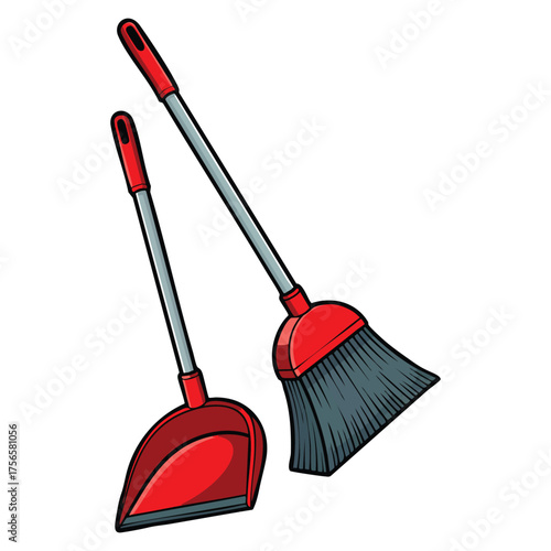 Vector illustration of red plastic broom and dustpan isolated on white background flat style suitable for cleaning service home hygiene or design artwork