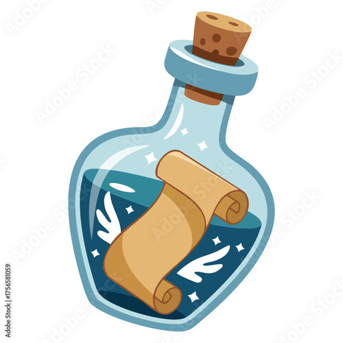 Vector illustration of sea pirate concept with treasure map gold in glass bottle cork decorative element for apps and web cartoon flat isolated design