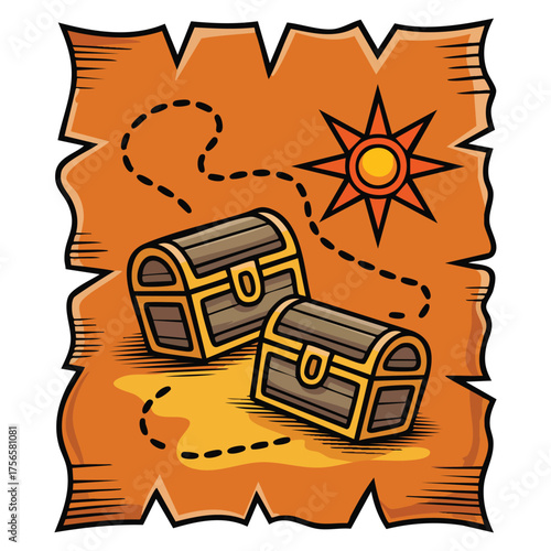 Vector illustration of sea pirate concept with map of buried treasure and gold sticker colorful navigation element for website or social media design