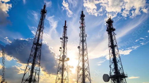 Four tall communication towers stand silhouetted against a beautiful cloudy sky with a bright sunset