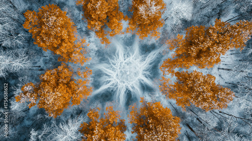 Aerial view of trees in a circle, with orange and white hues surrounding a bright center