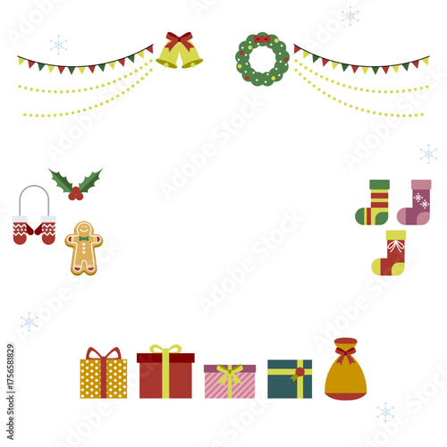 Stylish Christmas Decoration Illustration (Bells, Wreath, Garland, Presents) – no text, transparent background（クリスマスイラスト）