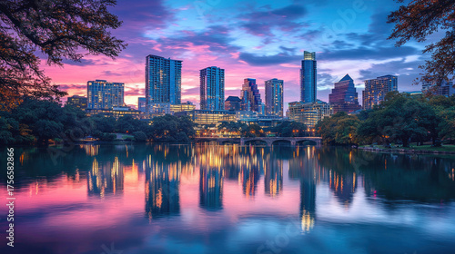 City skyline reflecting in still water at sunset, framed by trees and a vibrant sky