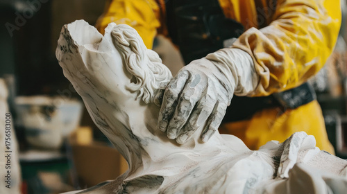 A sculptor's gloved hands meticulously working on a marble figure in a studio