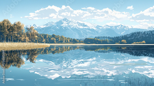Peaceful scene; lake reflects snow-capped mountains & sky, with trees in the foreground