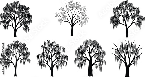 Stylized willow silhouettes, drooping branch illustration, black tree icons, cascading foliage patterns, artistic landscape design, botanical vector art, decorative tree collection