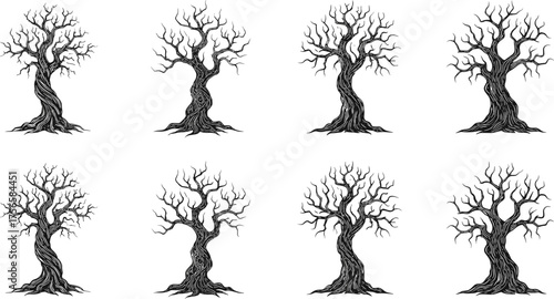 Twisted tree silhouettes, gnarled trunk illustration, black tree icons, eerie barren branches, fantasy landscape design, botanical vector art, mystical tree collection