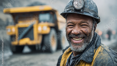 A smiling coal miner embodies strength, resilience, and pride, his face reflecting the harsh realities and unwavering spirit of his profession.