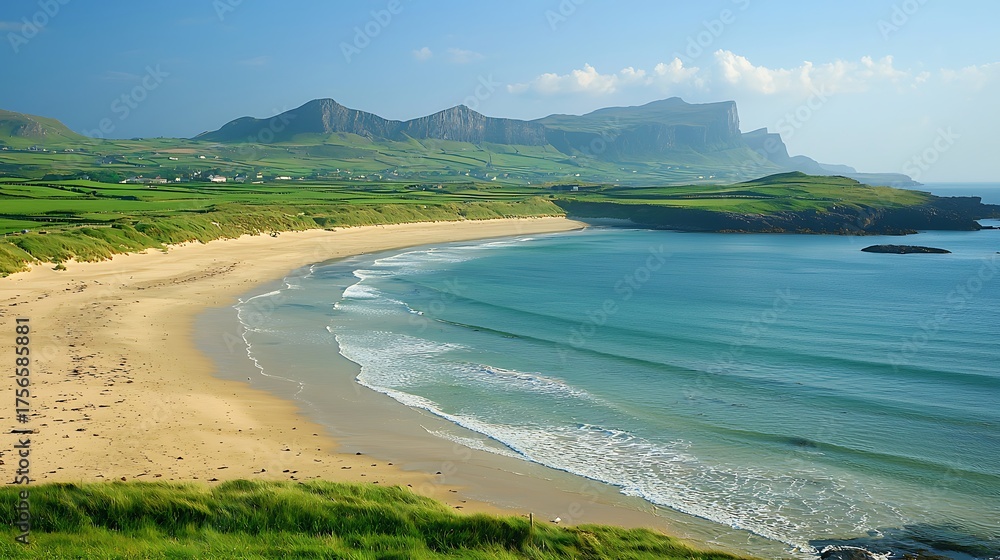 Scenic Irish Coastline with Sandy Beach and Green Hills.