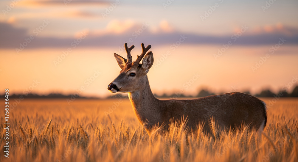 Obraz premium Young male deer stands in a golden wheat field at sunset with warm light and a calm, natural mood