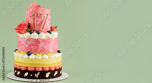 Elegant Multi-Tiered Birthday Cake with Number 17 Decoration and Fresh Berries