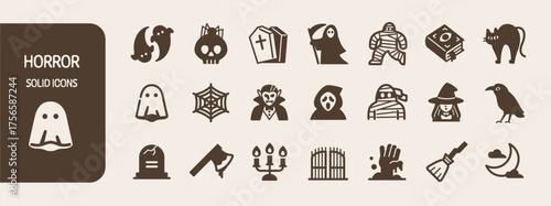 Solid horror icon set, Halloween monsters and items	