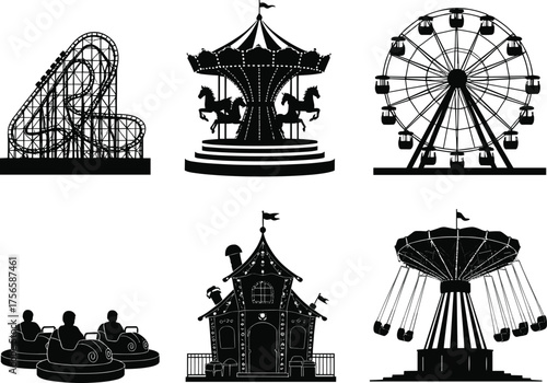 Amusement park silhouette vector, roller coaster, carousel, Ferris wheel, haunted house, bumper cars, swing ride, black and white,