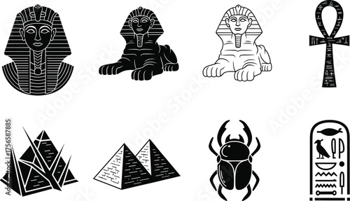Ancient Egypt vector icons, pharaoh bust, sphinx silhouette, ankh symbol, pyramid illustration, scarab beetle, cartouche hieroglyphs, black and white design