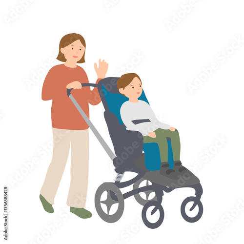 バギーに乗る男の子と挨拶する母親