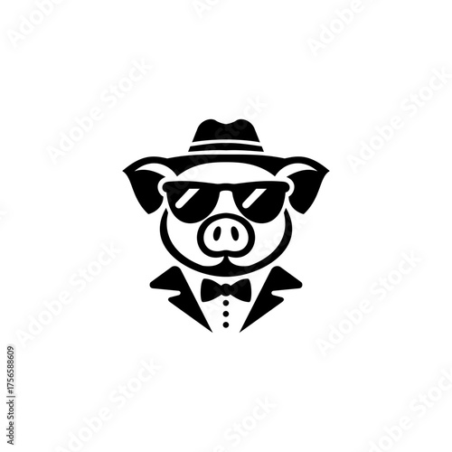 Black minimalist logo of a stylish pig wearing sunglasses, hat, and suit with a bow tie