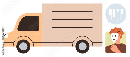 Delivery van driving with side profiles highlighted, cityscape graphic, and driver illustration. Ideal for logistics, courier service, delivery business, urban transport, customer service