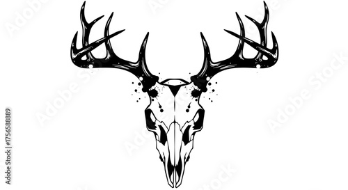 Deer Skull with Antlers Black and White Illustration.