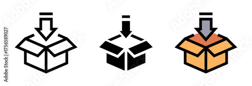 Conjunto de iconos de almacenar en la caja. Organización, guardado seguro, envío logístico. Ilustración vectorial