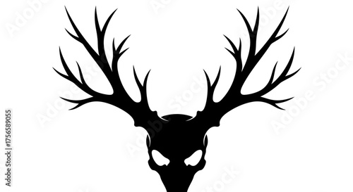 Black silhouette of a deer skull with large antlers on a white background.