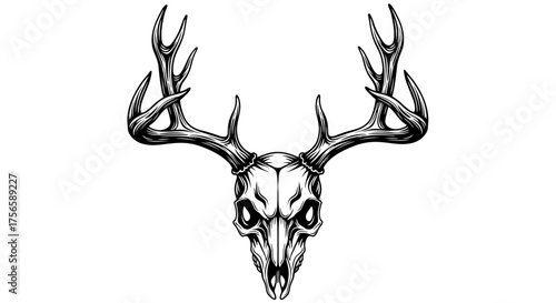 Detailed illustration of a deer skull with antlers, black and white.