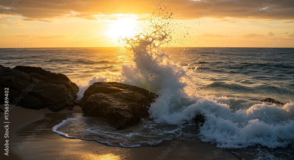 Fototapeta premium Sunset waves crashing on rocks