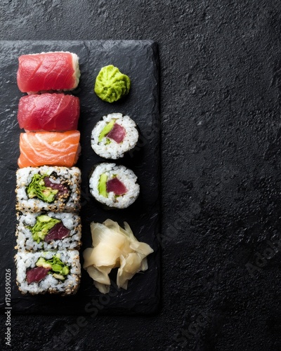 Neatly arranged sushi maki with ginger and wasabi on a dark slate.