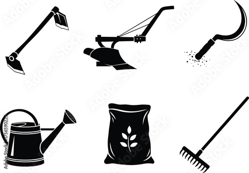 Black and white farming tools silhouette collection, agriculture equipment vector illustration set for design, farm work, gardening, and cultivation concept artwork