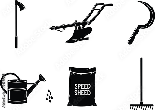 Black and white farming tools silhouette set, agriculture equipment vector illustration for gardening, plowing, harvesting, watering, and seed planting concept design