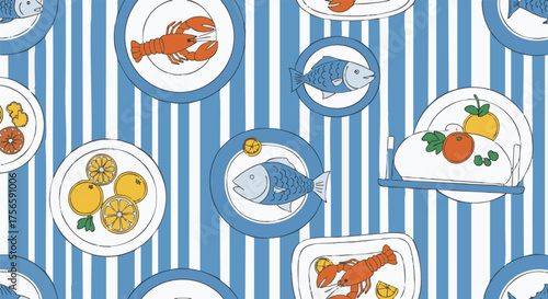 A seamless, colorful illustration featuring various plates with seafood and fruits