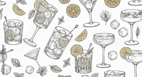 A stylish hand-drawn pattern featuring refreshing cocktails, lemon slices, ice cubes, and mint leaves
