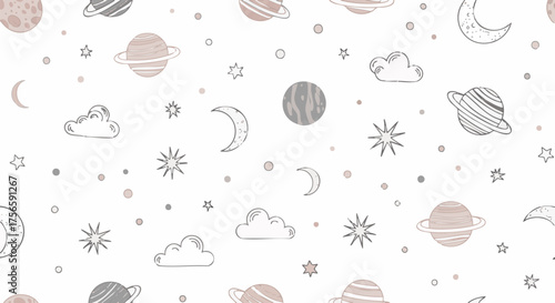 A whimsical space pattern with hand-drawn planets, moons, stars, and clouds on a white background