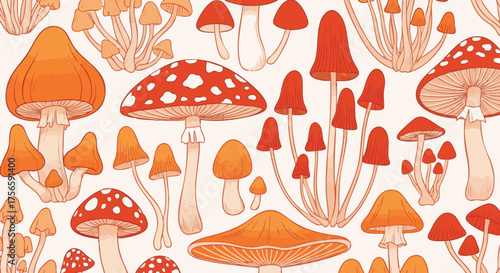 An eye-catching seamless pattern of orange and red mushrooms. Features fly agaric