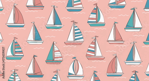 Charming illustration featuring a repeat pattern of colorful sailboats on a pink background