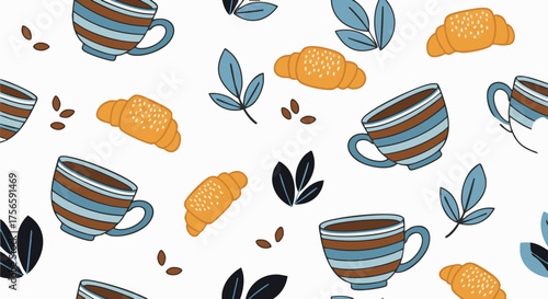 Charming seamless pattern featuring stylized coffee cups, golden croissants, coffee beans, and botanical leaves on a white background, perfect for cafe branding or textile design