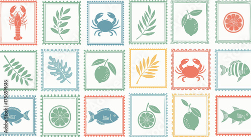 Colorful seamless pattern illustration with tropical elements in vintage style, evoking a playful and summery mood