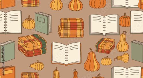 Cozy autumn seamless pattern featuring pumpkins, plaid blankets, and open books, perfect for fall seasonal decorations and harvest themes