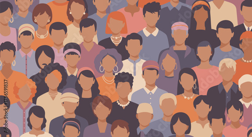 Flat vector illustration of a diverse crowd of people representing global community, inclusion, and multiculturalism in vibrant colors