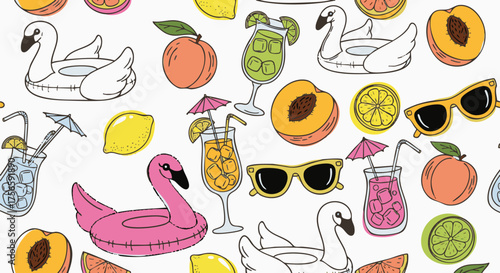 Fun, colorful, hand-drawn seamless pattern featuring summer vacation elements like inflatable pool floats, tropical cocktails, sunglasses, and fresh peaches and citrus fruits