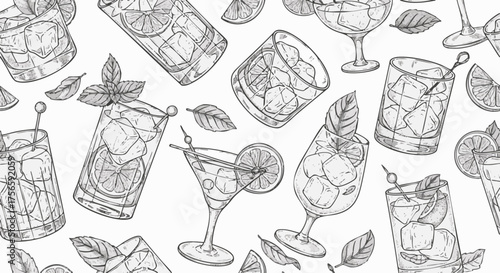 Monochrome hand-drawn seamless pattern of refreshing cocktails. Various drinks with ice, citrus, and mint