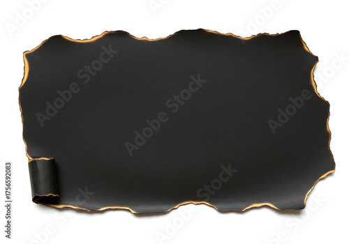 Isolated burnt edge paper with black color, aged texture and retro design element, suitable for artistic background
