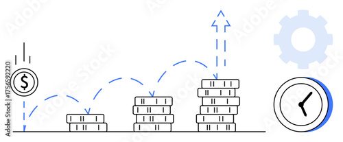 Stacks of coins increase in height, upwards arrows showing growth with clock and gear visuals. Ideal for finance, savings, investment, planning, growth, productivity time. Simple flat metaphor