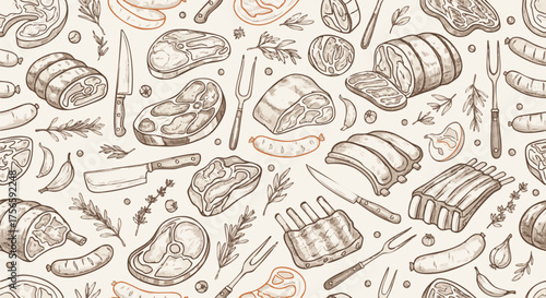 Seamless hand-drawn pattern featuring various cuts of raw meat, sausages, spices, and butcher tools, perfect for culinary and butcher shop designs