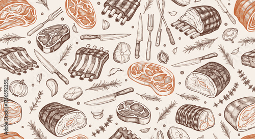 Seamless hand-drawn pattern of raw meat cuts, butcher tools, and herbs. Perfect for menus, food packaging, butcher shop branding