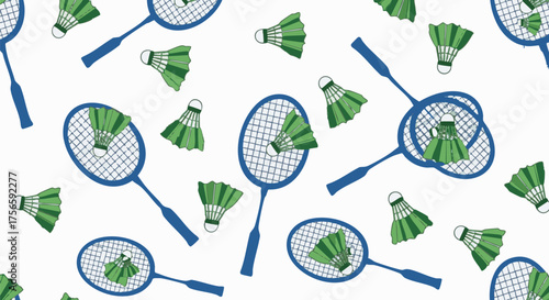 Seamless pattern background featuring vibrant green shuttlecocks and blue badminton rackets scattered across a white backdrop