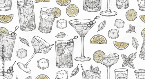 Seamless pattern background of various refreshing cocktails, highballs, and martini glasses with ice, lemon slices, and mint leaves in a hand-drawn style