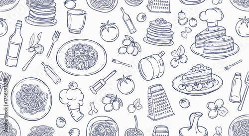 Seamless pattern doodle background featuring hand-drawn Italian food elements like spaghetti, tomatoes, olives, wine, and desserts