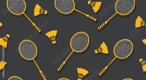 Seamless pattern with badminton racquets and shuttlecocks in yellow and dark grey