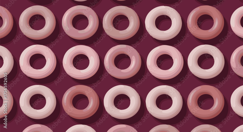 Fototapeta premium Seamless repeating pattern of glossy pink and purple frosted donuts on a deep purple background. Great for food, dessert, or confectionery design